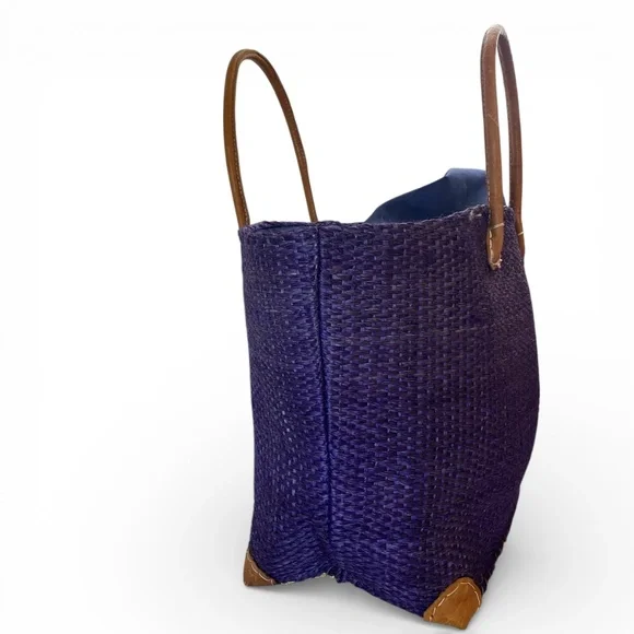 Raffia Purple with Natural Leather Handle Tote Bag - Picture 3 of 7